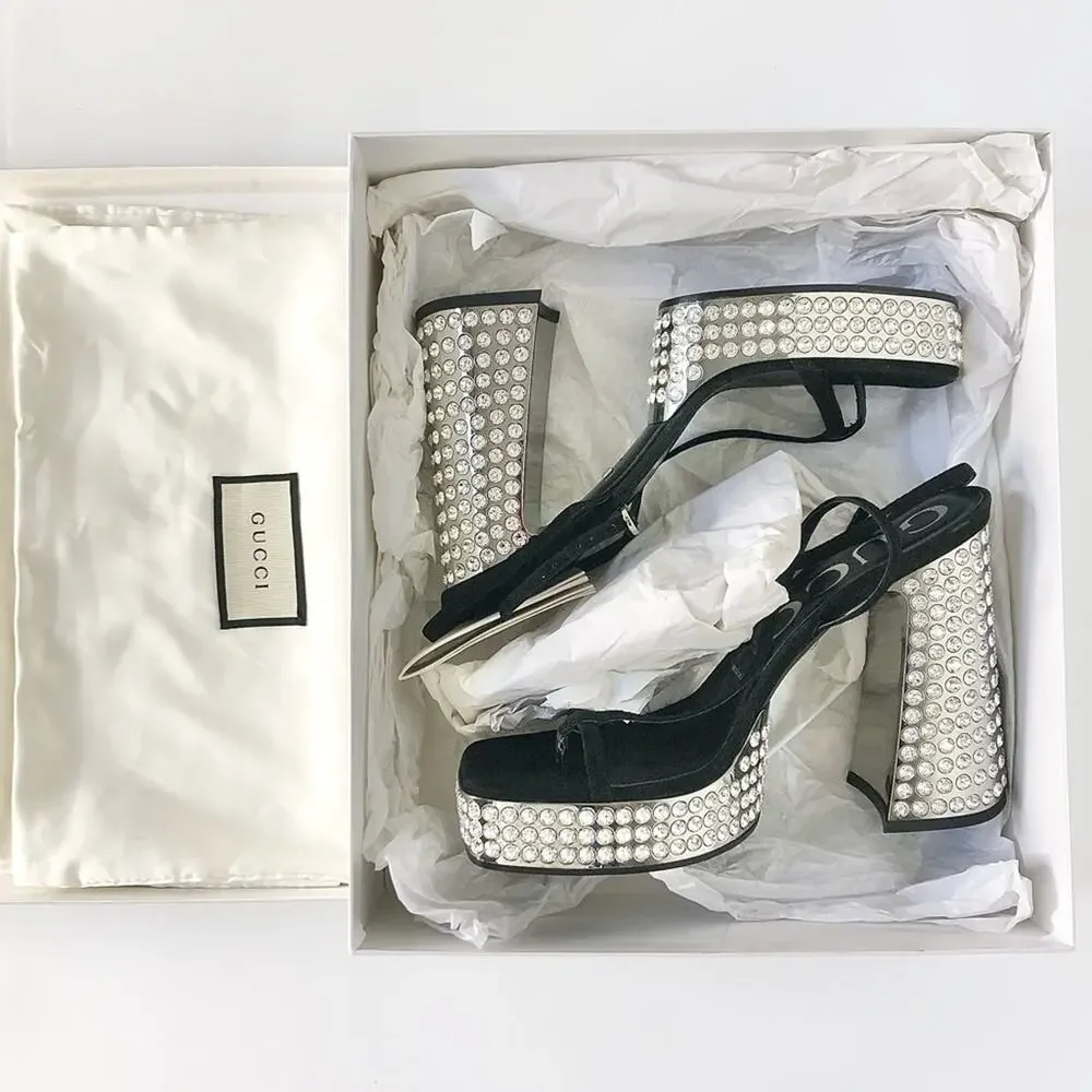 Gucci Rare Naimah Nero Crystal Embellished Platform Strappy Sandals 39